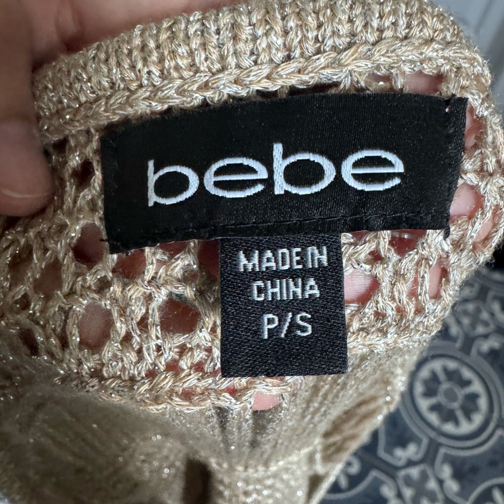 bebe Metallic Taupe Open-Knit V-Neck Top - Picture 4 of 4